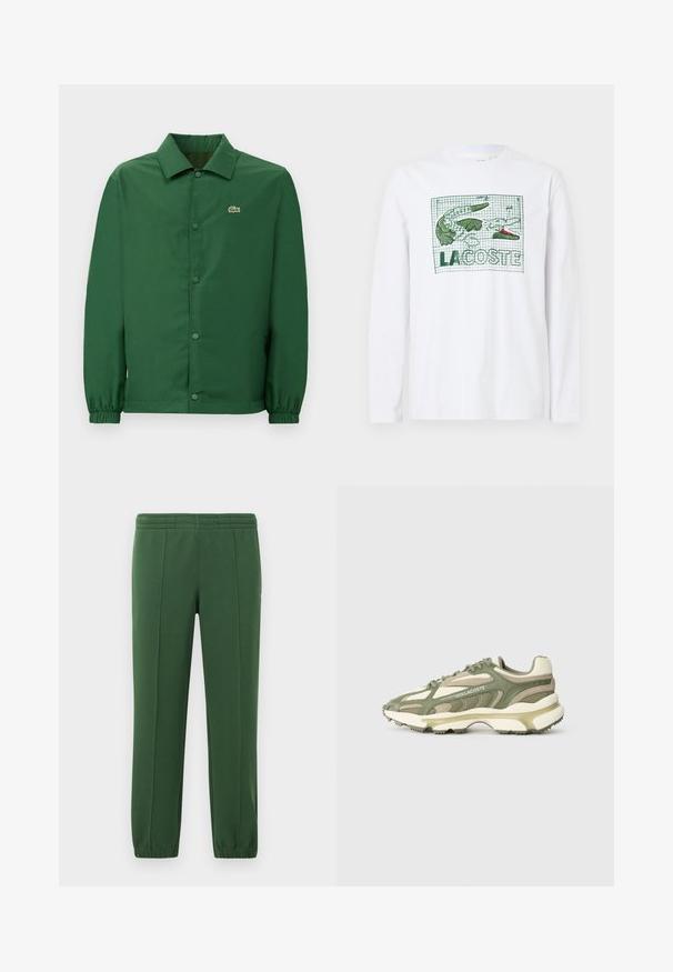 Chaqueta verde con un cuello, botones de presión en el frente y puños elásticos. Presenta un pequeño logo bordado en el lado izquierdo del pecho. Textura suave.; Camiseta blanca de manga larga con un cocodrilo verde y el texto "LACOSTE," con un fondo de patrón en cuadrícula. Hecha de algodón, con una textura suave.; Pantalones de chándal verdes hechos de una tela suave; cuentan con una cintura elástica, perneras ajustadas y un pequeño logo en el lado.; Zapatillas deportivas verdes y beige con parte superior de malla y ante, entresuela texturizada, sistema de cordones visible y detalle de logotipo en relieve.