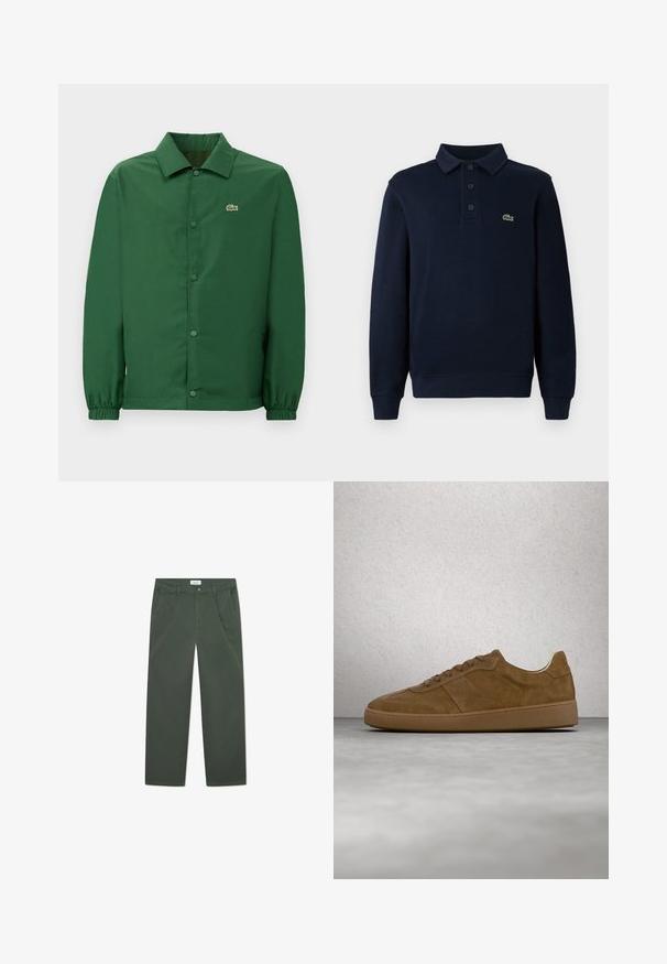 Chaqueta verde con un cuello, botones de presión en el frente y puños elásticos. Presenta un pequeño logo bordado en el lado izquierdo del pecho. Textura suave.; Camisa polo de manga larga azul marino con tapeta de botones y pequeño logo de cocodrilo verde en el pecho.; Pantalones de algodón verde oscuro con un diseño de pierna recta, bolsillos frontales y cierre de botón en la cintura. Textura suave, sin patrones.; Zapatilla deportiva de ante marrón con cordones color beige y suela de goma. Presenta una puntera redondeada y detalles cosidos en la parte superior. Diseño ligero.