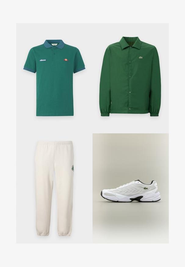 Chaqueta verde con un cuello, botones de presión en el frente y puños elásticos. Presenta un pequeño logo bordado en el lado izquierdo del pecho. Textura suave.; Polo verde de algodón con cuello y puños en azul contrastante. Presenta un logo bordado y un pequeño diseño colorido en el pecho.; Pantalones de chándal de color beige claro, hechos de algodón, con una cinturilla elástica, puños acanalados y un logo verde con diseño de hoja en la pierna izquierda.; Zapatilla deportiva blanca con parte superior de malla texturizada, diseño curvado y suela exterior negra en contraste. Presenta un logo verde bordado en el lateral.