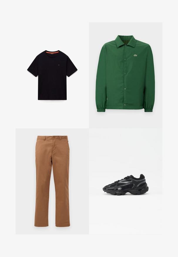 Chaqueta verde con un cuello, botones de presión en el frente y puños elásticos. Presenta un pequeño logo bordado en el lado izquierdo del pecho. Textura suave.; Camiseta negra de manga corta con cuello redondo, pequeño logo en el pecho y detalle naranja en el interior del cuello, colocada sobre un fondo blanco.; Pantalones de algodón marrones con un diseño de pierna recta, que cuentan con un cierre de botón y bolsillos frontales. Textura suave y acabado limpio.; Zapatillas deportivas negras con parte superior de malla y sintético. Presentan una suela texturizada, acentos reflectantes y talón reforzado.