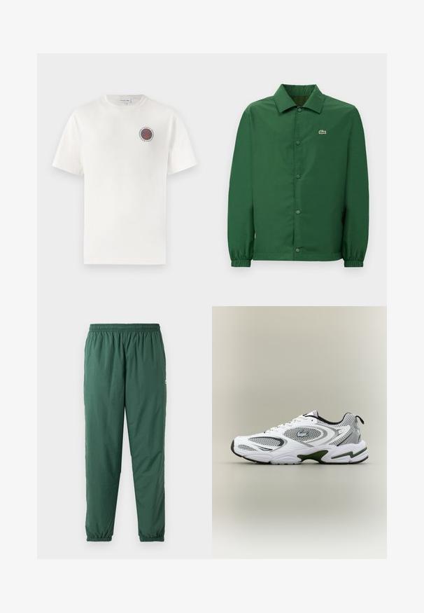Groene jas met kraag, drukknopen aan de voorkant en elastische manchetten. Voorzien van een klein geborduurd logo op de linkerborst. Gladde textuur.; Witte katoenen t-shirt met korte mouwen, voorzien van een ronde blauwe en oranje "Tennis Heritage" logo op de linkerborst.; Groene, lichtgewicht, elastische broek met een geplooide tailleband en boorden, gemaakt van een gladde, waterafstotende stof.; Witte en grijze sportieve hardloopschoen met meshpanelen, groene accenten, zwarte details en een logo aan de zijkant, getoond vanaf de buitenkant.