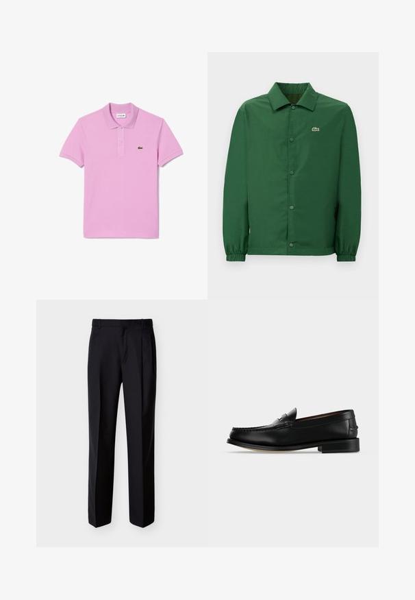 Groene jas met kraag, drukknopen aan de voorkant en elastische manchetten. Voorzien van een klein geborduurd logo op de linkerborst. Gladde textuur.; Roze polo shirt gemaakt van katoen met een kraag, korte mouwen, een knoopsluiting met drie knopen en het Lacoste krokodillenlogo op de linkerkant van de borst.; Zwarte, op maat gemaakte broek met rechte pasvorm, geplooide voorkant en zijzakken. Gemaakt van een gladde, lichtgewicht stof met een effen patroon.; Zwarte leren herenloafer met een lage hak en mocassinstiksels op de teen, zijaanzicht op een effen achtergrond.