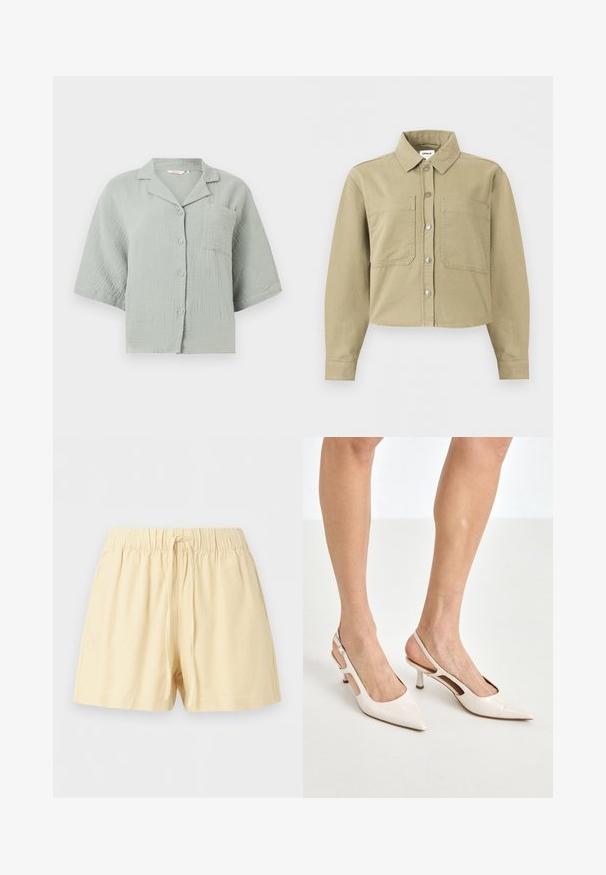 Chemise beige à manches longues avec boutons, col, deux poches plaquées devant, ourlet raccourci et détails de coutures visibles.; Chemise vert clair à manches courtes avec tissu texturé, une poche poitrine à l'avant et un col décontracté.; Shorts beige en coton avec taille élastique et cordon à l'avant, conçus pour un usage décontracté.; Escarpins à talon slingback en cuir verni beige avec un bout pointu et un talon de 5 cm, présentant des côtés découpés et une fine bride à la cheville.