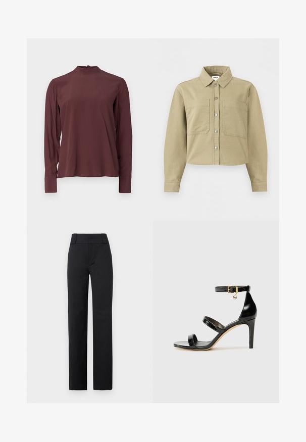 Chemise beige à manches longues avec boutons, col, deux poches plaquées devant, ourlet raccourci et détails de coutures visibles.; Blouse bordeaux à manches longues avec un col montant, un léger éclat et une fermeture à boutons dans le dos. Tissu lisse et manches ajustées.; Pantalon noir taille haute à jambes droites, avec passants de ceinture larges, fermeture éclair avant et coupe ajustée, adapté pour une tenue formelle ou de bureau.; Sandale en cuir verni noir avec trois brides, boucle de cheville et talon aiguille de 10 cm. Présente un détail en métal doré et un charm logo.