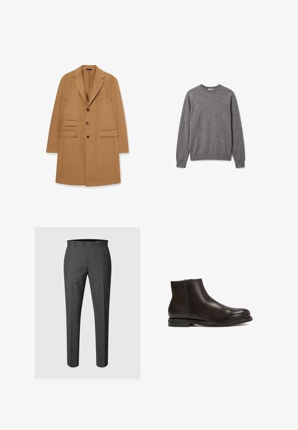 Manteau en laine couleur camel avec un col à revers cranté, deux poches avant et trois boutons. Comprend une doublure intérieure lisse.; Pull gris pour homme à manches longues et col rond, avec poignets et ourlet côtelés, orné d'un petit logo discret sur la poitrine gauche.; Pantalon formel sur mesure gris foncé avec fermeture à bouton et passants de ceinture, présenté sur un fond gris clair.; Bottine en cuir noir avec une texture lisse, bout arrondi et un petit talon. Dispose d'une fermeture éclair sur le côté pour un enfilage facile.