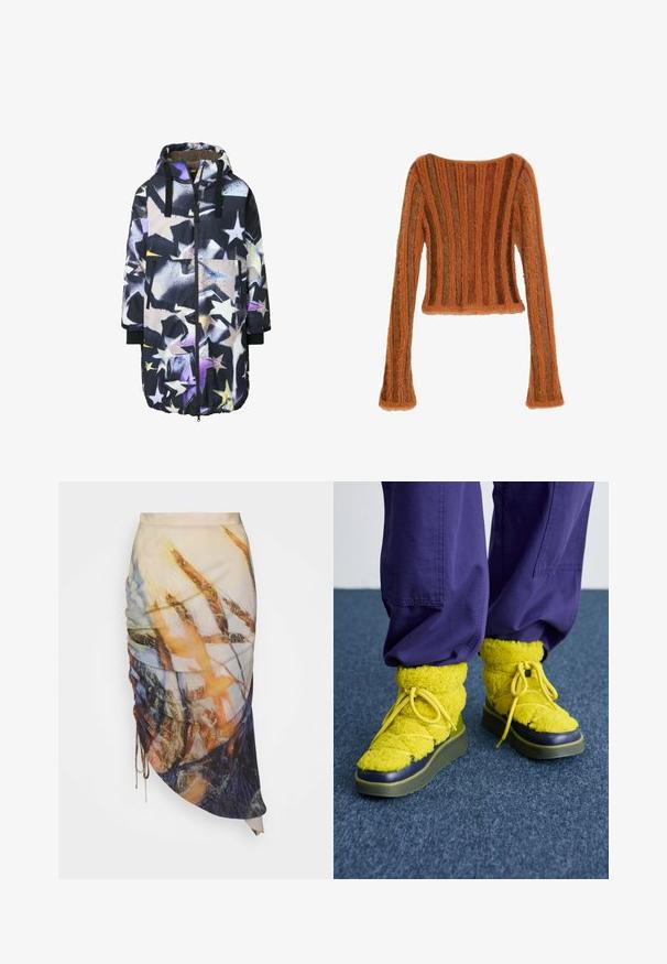 Lang parka-jakke med sort bund og et stjernemønster i lilla, gul og hvid. Inkluderer hætte og for-lynlås med en stor lomme.; Langærmet, blød cropped sweater med lodrette striber i nuancer af brun og orange på hvid baggrund.; Materiel DIAGONAL GATHERED SKIRT - Pencil skirt - golden hour; Gule, fluffy støvler med rund tå, tekstureret stof og grøn gummisål. Har gule snørebånd og en marineblå accent omkring tåen.