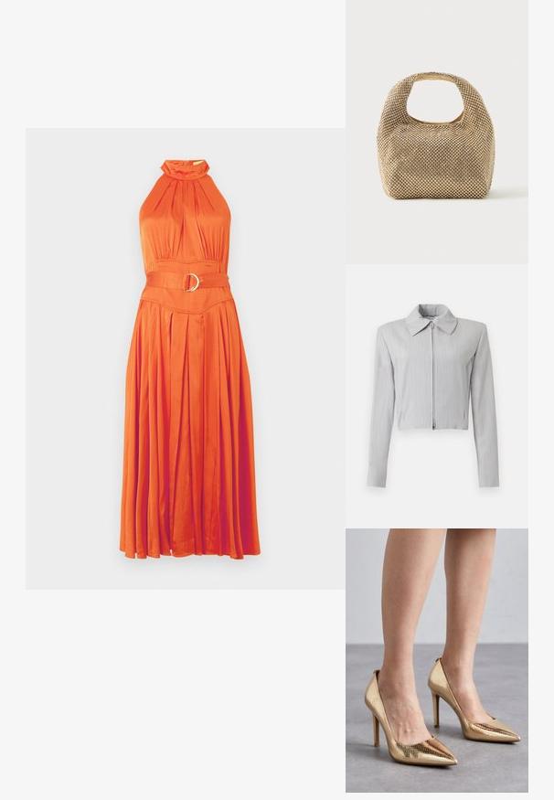 Hellgraue, kurze Jacke mit langen Ärmeln, spitzem Kragen und durchgehendem Reißverschluss vorne, aus dezent strukturiertem Stoff gefertigt.; Orangenes Halterkleid mit plissiertem Rock, gerafftem Ausschnitt und einem taillierten Bund mit einer runden Schnalle. Eleganter, glatter Stoff.; Goldene High Heels mit spitzem Zehenbereich, die ein strukturiertes Schlangenledermuster und eine glatte Oberfläche aufweisen. Der Stiletto-Absatz sorgt für zusätzliche Höhe.; Kleine Handtasche in Gold-Ton, bedeckt mit glänzenden runden Nieten, mit kurzem Griff und rechteckigem Ausschnitt oben.