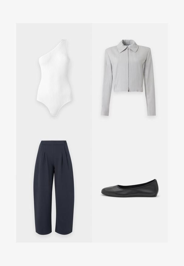 Veste grise claire raccourcie à manches longues, col pointu et fermeture éclair frontale, réalisée en tissu subtilement texturé.; Bodysuit blanc à côtes, une épaule avec des rayures verticales. Texture douce et design ajusté, avec une taille haute et un décolleté minimal.; Pantalon large et court couleur bleu marine foncé avec taille haute et plis à l'avant, présenté sur un fond clair uni.; Ballerines en cuir noir avec un bout rond, texture lisse, détails de couture minimalistes et design de semelle flexible.