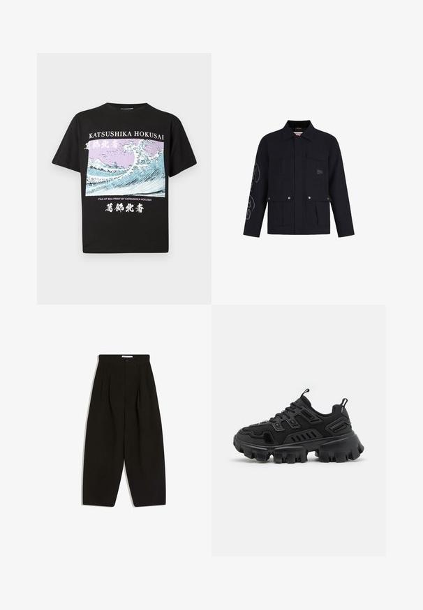 Sort jakke med fire frontlommer med klaffer, trykknapper, krave og grå broderi på venstre ærme og bryst.; Sort bomulds T-shirt med korte ærmer, der har et grafisk print af Hokusais "Fuji ved Havet" i blå og lilla med hvid tekst.; Sorte bukser med vide ben lavet af blødt stof, med plisseret front, knaplukning og sidelommer for ekstra funktionalitet.; Sort sportsko med tekstureret gummisål, lagdelte designelementer og forstærkede detaljer. Har snørebånd og en trækflig ved hælen.