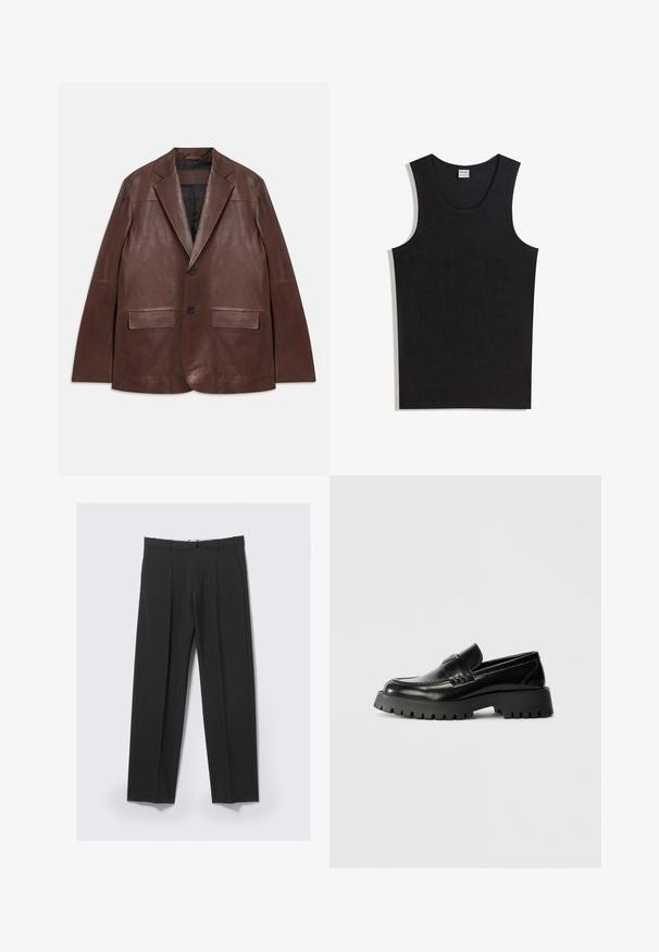Blouson en cuir marron foncé avec revers en trou de serrure, deux boutons noirs, poches à rabat et doublure intérieure noire, posé à plat sur fond blanc.; Débardeur noir en coton, doté d'un col rond et d'une coupe sans manches. Texture lisse sans motifs ni accents visibles.; Pantalon noir ajusté avec plis avant, poches latérales, passants de ceinture et fermeture par bouton à la taille sur un fond clair.; Mocassins en cuir noir avec une semelle en caoutchouc texturé et épais, dotés d'une sangle à l'avant et d'un logo discret sur le talon.