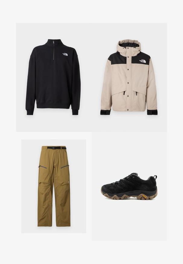 Beige en zwarte waterdichte jas met een capuchon, drukknoopsluiting en verstelbare koorden. Voorzien van een logo op de borst en elastische manchetten.; Zwarte half-zip sweatshirt van zacht materiaal, met een hoge kraag, geribde manchetten en een wit logo op de linkerborst.; Kaki outdoorbroek met zwarte verstelbare riem, twee zakken op de dij met rits en kniezomen, getoond tegen een effen achtergrond.; Zwarte wandelschoen met robuuste bruine Vibram-zool, bovenwerk van mesh en suède, vetersluiting en achterste aantreklus, gezien vanaf de buitenkant.