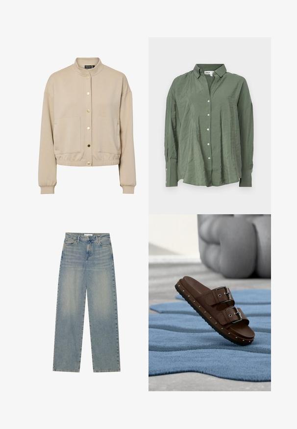 Chaqueta beige de manga larga con cuello alto, botones de presión dorados en la parte delantera, dos grandes bolsillos frontales y cintura y puños elásticos.; Camisa verde de botonadura con cuello, en tejido ligero y con una textura ligeramente arrugada. Tiene mangas largas y botones blancos en la parte delantera.; Vaqueros de mezclilla de pierna recta de tiro alto en azul claro, con bolsillos frontales, trabillas para el cinturón y cierre de botón y cremallera visible.; Sandalias marrones sin cordones con dos hebillas ajustables, detalles de tachuelas a lo largo de la suela y plantilla texturizada sobre una alfombra azul.