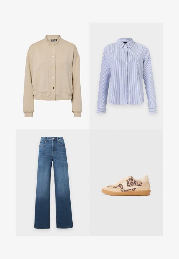 Chaqueta beige de manga larga con cuello alto, botones de presión dorados en la parte delantera, dos grandes bolsillos frontales y cintura y puños elásticos.; Camisa de manga larga con botones, con rayas verticales blancas y azul claro y cuello puntiagudo, mostrada sobre un fondo liso.; Vaqueros de pierna ancha en azul medio con un efecto de aclarado gradual hacia el dobladillo, presentando un cierre estándar de botón y cremallera.; Zapatillas de leopardo con parte superior de ante beige, suela de goma marrón y acentos blancos. Punta redonda y diseño con cordones con un acabado texturado.