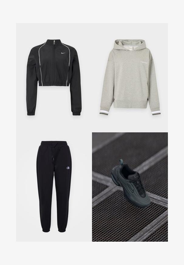 Chaqueta negra corta hecha de tela ligera, con cremallera completa, cuello alto, puños elásticos y ribete blanco a lo largo de las costuras.; Sudadera con capucha de Calvin Klein color gris claro, con capucha, mangas largas, puños acanalados con franjas blancas y negras, y pequeño logo en el pecho.; Pantalones de chándal negros con cintura y puños elásticos, cordón de ajuste, bolsillos laterales y pequeño logo blanco de The North Face en el muslo derecho.; Zapatilla Nike Air en verde oscuro y negro flotando sobre un suelo de rejilla de metal, mostrando los detalles de diseño de su lado y parte superior.