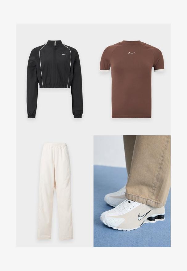 Chaqueta negra corta hecha de tela ligera, con cremallera completa, cuello alto, puños elásticos y ribete blanco a lo largo de las costuras.; Camisa marrón de manga corta hecha de tela suave con un cuello alto y detalles blancos en los puños de las mangas, con un pequeño logotipo en el pecho.; Pantalones de color crema con cintura elástica y corte de pierna recta, de ajuste suelto, exhibidos sobre un fondo blanco liso.; Zapatillas Nike blancas y beige con diseño perforado, logo de swoosh negro, parte superior texturizada y distintivo talón negro elástico.