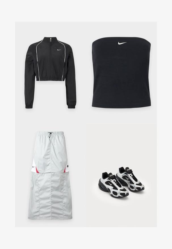 Chaqueta negra corta hecha de tela ligera, con cremallera completa, cuello alto, puños elásticos y ribete blanco a lo largo de las costuras.; Top tubo negro sin tirantes de Nike con logo blanco Swoosh centrado cerca del borde superior, fondo liso.; Falda deportiva larga de color gris claro, hecha de un material brillante y liso; cuenta con detalles en rojo y blanco, cintura elástica y el logo de Nike en el costado.; Zapatos deportivos negros y plateados con parte superior de malla y sintético, que presentan un diseño ondulante distintivo y un collar acolchado, con amortiguación de aire en la suela.