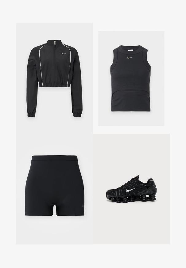 Zwarte cropped jas van lichtgewicht stof, voorzien van een volledige rits, hoge kraag, elastische manchetten en witte accentpiping langs de naden.; Zwarte mouwloze cropped sporttop met geribbelde textuur en wit Nike swoosh-logo op de borst.; Zwarte sportshorts gemaakt van glad, elastisch materiaal, met een middelhoge tailleband en een klein Nike-logo aan de linkerkant.; Zwarte Nike sportschoen met zilveren Swoosh-logo, mesh en synthetische bovenkant en een kenmerkende gesegmenteerde dempende zool.