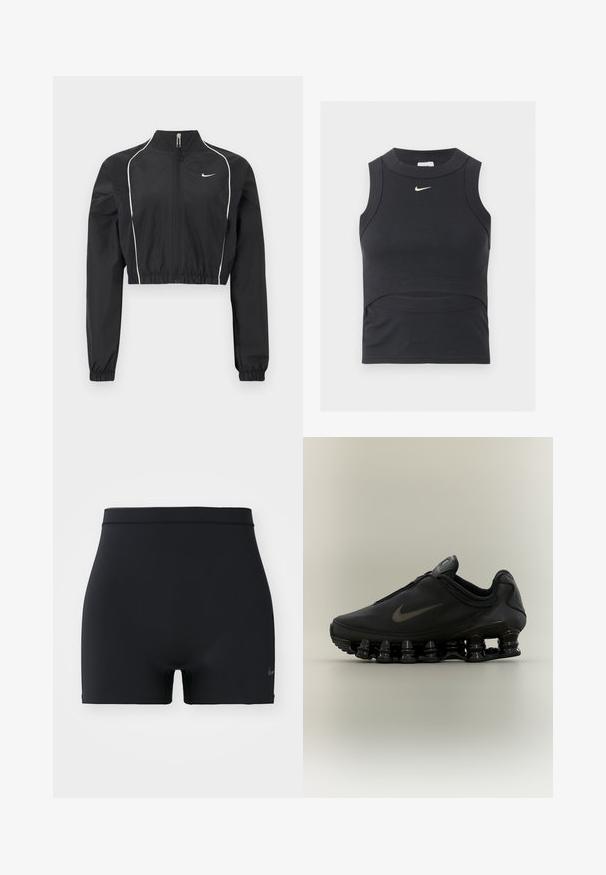 Zwarte cropped jas van lichtgewicht stof, voorzien van een volledige rits, hoge kraag, elastische manchetten en witte accentpiping langs de naden.; Zwarte mouwloze cropped sporttop met geribbelde textuur en wit Nike swoosh-logo op de borst.; Zwarte sportshorts gemaakt van glad, elastisch materiaal, met een middelhoge tailleband en een klein Nike-logo aan de linkerkant.; Zwarte Nike-sneaker met een bovendeel met ritssluiting en een kenmerkende veerachtige, gesegmenteerde zool, weergegeven in zijaanzicht op een neutrale achtergrond.