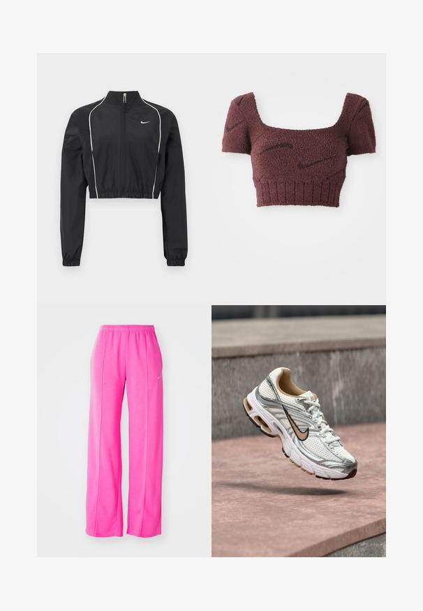 Sort kort jakke lavet af letvægtsstof, med fuld lynlås, høj krave, elastiske manchetter og hvide dekorative striber langs sømmene.; Lilla cropped top med et struktureret stof, firkantet halsudskæring, korte ærmer og ribbet kant, med subtile mørke mønstre gennemgående.; Lyserøde, løstsiddende, letvægts sweatsbukser med elastisk talje og sidesømme. Har et lille logo nær den øverste venstre lår.; Hvid og sølv Nike løbesko med beige swoosh-logo, vist i luften over en stens overflade med en sløret grå vægbaggrund.