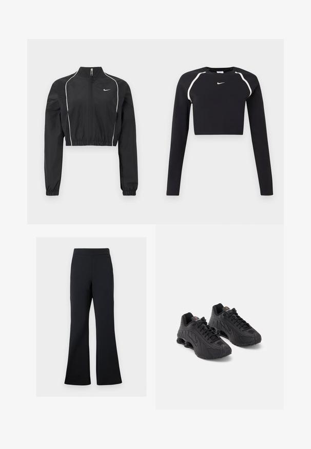 Chaqueta negra corta hecha de tela ligera, con cremallera completa, cuello alto, puños elásticos y ribete blanco a lo largo de las costuras.; Top deportivo negro de manga larga y corto con franjas curvas blancas en los hombros y pequeño logotipo de Nike en blanco en el centro del pecho.; Pantalones de campana negros hechos de tejido suave con una cintura elástica y un discreto detalle de bolsillo lateral, que presentan una textura lisa y un diseño minimalista.; Zapatillas deportivas negras con una parte superior sintética lisa, acentos texturizados, diseño de cordones y amortiguación de resorte visible en el talón.