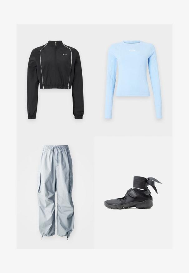 Zwarte cropped jas van lichtgewicht stof, voorzien van een volledige rits, hoge kraag, elastische manchetten en witte accentpiping langs de naden.; Lichtblauw geribbeld langarm shirt met een aansluitende pasvorm, ronde hals en klein wit "jordan" logo op de borst.; Lichtblauwe cargobroek met een elastische tailleband, trekkoord, twee zijzakken en taps toelopende boorden met verstelbare toggles.; Zwarte sportieve schoen met uitsparingen, klittenbandsluitingen en een enkellint dat in een strik is vastgemaakt, zijaanzicht op een witte achtergrond.