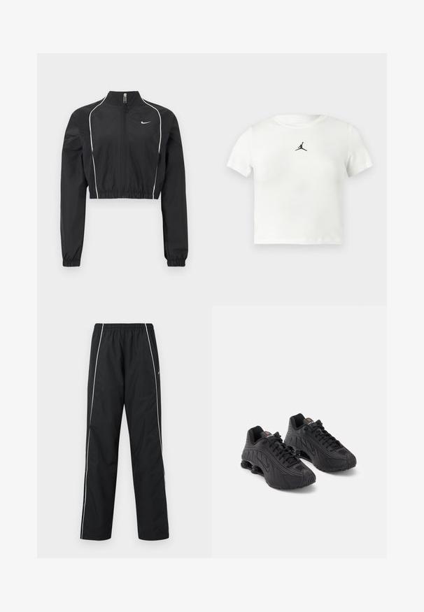 Schwarze, kurze Jacke aus leichtem Stoff, mit durchgehendem Reißverschluss, hohem Kragen, elastischen Bündchen und weißen Akzentnähten entlang der Nähte.; Weißes Baumwoll-Cropped-T-Shirt mit einem schwarzen Jumpman-Logo in der Mitte. Kurze Ärmel und ein runder Ausschnitt mit einer glatten Textur.; Schwarze Sporthose mit weißen Seitenstreifen, elastischem Bund und Nike-Logo auf dem rechten Oberschenkel, vor weißem Hintergrund gezeigt.; Schwarze Sportschuhe mit einem glatten synthetischen Obermaterial, strukturierten Akzenten, Schnürdesign und sichtbarer Federung im Fersenbereich.