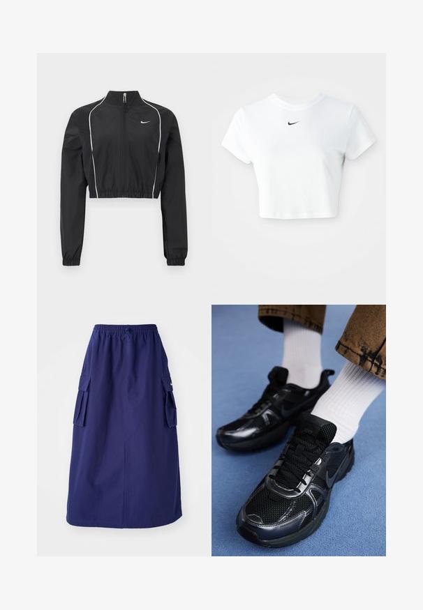 Sort kort jakke lavet af letvægtsstof, med fuld lynlås, høj krave, elastiske manchetter og hvide dekorative striber langs sømmene.; Hvid kortærmet t-shirt lavet af bomuld, med korte ærmer og rund halsudskæring, og med et sort Nike-logo på brystet.; Marineblå, mellemlang nederdel med elastisk talje, der har to sidelommer og et minimalistisk logodesign. Glat stofstruktur.; Sorte Nike-sneakers med mesh og syntetisk materiale, der har en struktureret overdel, sorte snørebånd og holdbare gummisåler. Hvide ribstrikkede sokker er synlige.