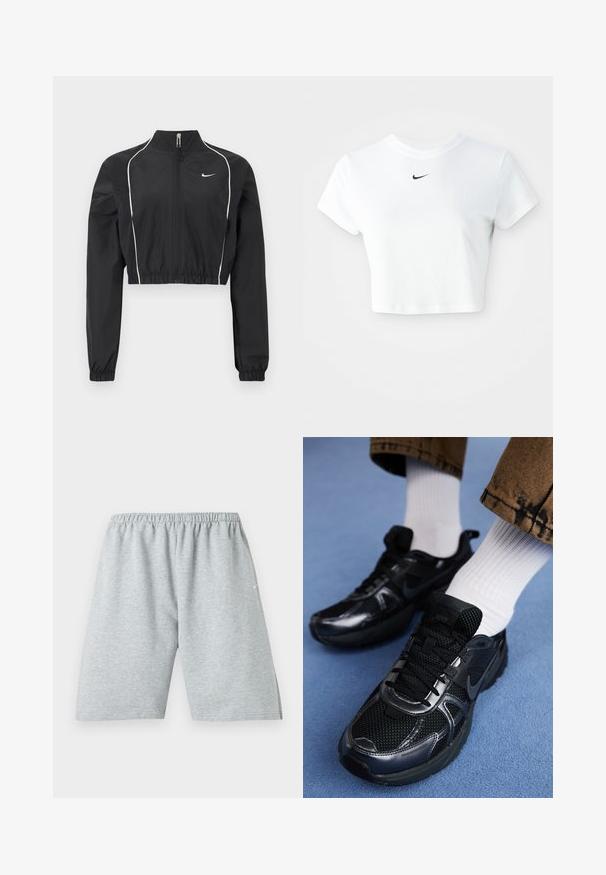 Sort kort jakke lavet af letvægtsstof, med fuld lynlås, høj krave, elastiske manchetter og hvide dekorative striber langs sømmene.; Hvid kortærmet t-shirt lavet af bomuld, med korte ærmer og rund halsudskæring, og med et sort Nike-logo på brystet.; Lysegrå, knælange sportsshorts med elastisk talje og lille hvidt logo på venstre ben.; Sorte Nike-sneakers med mesh og syntetisk materiale, der har en struktureret overdel, sorte snørebånd og holdbare gummisåler. Hvide ribstrikkede sokker er synlige.