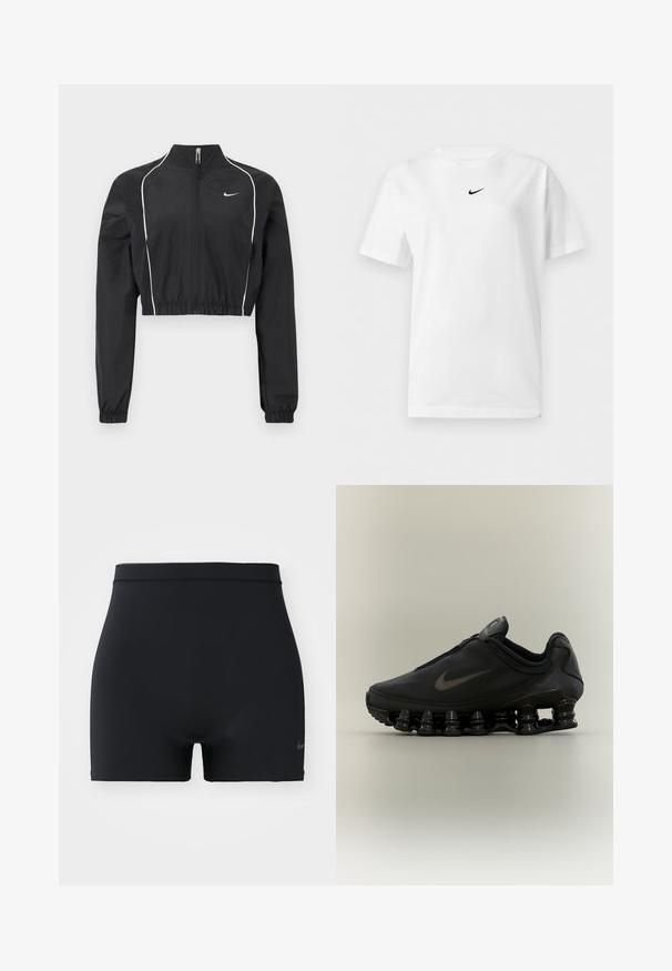 Schwarze, kurze Jacke aus leichtem Stoff, mit durchgehendem Reißverschluss, hohem Kragen, elastischen Bündchen und weißen Akzentnähten entlang der Nähte.; Weißes T-Shirt mit kurzen Ärmeln und Rundhalsausschnitt, mit einem kleinen schwarzen Nike Swoosh-Logo zentriert nahe dem Kragen.; Schwarze Sportshorts aus glattem, elastischem Material, mit einem mittelhohen Bund und einem kleinen Nike-Logo auf der linken Seite.; Schwarzer Nike-Sneaker mit einem Reißverschluss am Obermaterial und markanter federähnlich segmentierter Sohle, im Seitenprofil vor neutralem Hintergrund dargestellt.