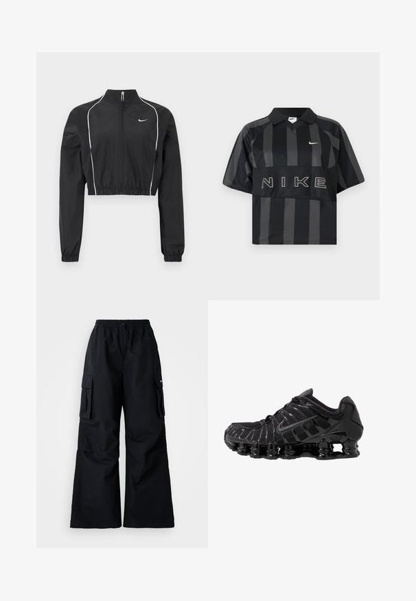 Zwarte cropped jas van lichtgewicht stof, voorzien van een volledige rits, hoge kraag, elastische manchetten en witte accentpiping langs de naden.; Zwart en donkergrijs verticaal gestreept Nike poloshirt met korte mouwen, een kraag, witte Nike-swoosh en grote NIKE-tekst over de borst.; Zwarte cargobroek met wijde pijpen, elastische tailleband, verstelbaar trekkoord en twee steekzakken. Gemaakt van een gladde, lichte stof.; Zwarte sportieve schoen met mesh-bovenwerk en glanzende overlays. Bevat afgeronde spoelvering en textuur lijnen aan de zijkant. Nike-logo zichtbaar.