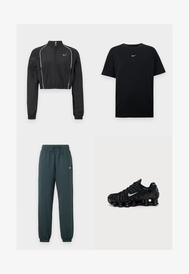 Schwarze, kurze Jacke aus leichtem Stoff, mit durchgehendem Reißverschluss, hohem Kragen, elastischen Bündchen und weißen Akzentnähten entlang der Nähte.; Schwarzes Baumwoll-T-Shirt mit Rundhalsausschnitt und kurzen Ärmeln. Verfügt über ein kleines weißes Nike-Logo, das mittig auf der Brust platziert ist. Glatte Textur.; Dunkelgrüne Nike Jogginghose aus weichem Material, mit einem elastischen Bund und verstellbarem Kordelzug sowie gerippten Säumen.; Schwarzer Nike Sportschuh mit silbernem Swoosh-Logo, Mesh- und synthetischem Obermaterial und einer markanten segmentierten gepolsterten Sohle.