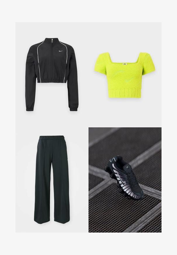 Zwarte cropped jas van lichtgewicht stof, voorzien van een volledige rits, hoge kraag, elastische manchetten en witte accentpiping langs de naden.; Korte mouw cropped top van fluffy neongele stof met vierkante halslijn, geribbelde zoom en subtiele patroonaccenten.; Zwarte, wijde sportbroek met een elastische tailleband. Gemaakt van gladde, rekbare stof, met subtiele voornaden en zonder zakken.; Zwarte sportschoen met een geprofileerde bovenkant van mesh, zilveren accenten, ondersteuning voor de voetenboog en een gevoerde zool met een duidelijk gesegmenteerd ontwerp.