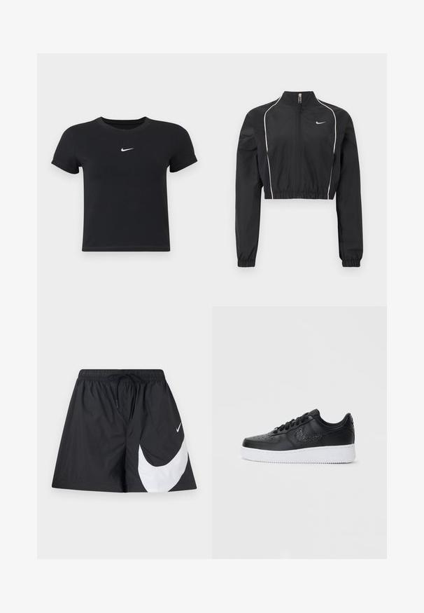 Chaqueta negra corta hecha de tela ligera, con cremallera completa, cuello alto, puños elásticos y ribete blanco a lo largo de las costuras.; Camiseta negra de manga corta hecha de algodón con un cuello redondo. Presenta un logo blanco de Nike en el pecho, diseño minimalista y forma ajustada.; Pantalones cortos negros de tela ligera con cinturilla elástica y cordón. Presenta un gran diseño del logo de Nike en blanco en la parte frontal.; Zapatilla negra de cuero con caja de dedo perforada, suela de goma blanca y logo de Nike texturizado. Presenta cordones redondos y un collar acolchado.
