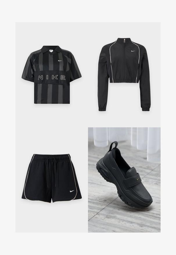Veste courte noire en tissu léger, dotée d'une fermeture éclair intégrale, d'un col haut, de poignets élastiques et de passepoils blancs le long des coutures.; Polo Nike manches courtes à rayures verticales noires et gris foncé, col, virgule Nike blanche et grand texte NIKE sur la poitrine.; Shorts de sport noirs avec un liseré blanc sur les bords, taille élastique avec cordon de serrage, et petit logo Nike blanc en forme de swoosh sur la partie inférieure gauche de la jambe.; Chaussure à enfiler en cuir noir avec une semelle plate, une finition texturée, une partie supérieure rembourrée et un accent de logo doré. Conçue pour le confort et la facilité d'utilisation.