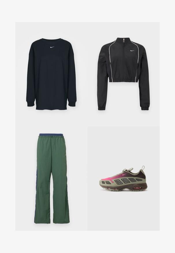 Sort kort jakke lavet af letvægtsstof, med fuld lynlås, høj krave, elastiske manchetter og hvide dekorative striber langs sømmene.; Sort langærmet T-shirt lavet af bomuld med rund hals. Har et hvidt Nike-logo på brystet. Blød tekstur, enkelt design.; Grønne atletikbukser med bred benstil, der har en marineblå linning og sidelæg, lavet af let, tekstureret stof.; Sportsko med en blanding af olivengrøn og mørkebrune materialer med lyserøde accenter. Tekstureret overdel og synlig luftdæmpning i sålen.