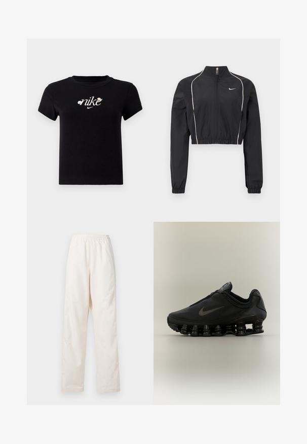 Zwarte cropped jas van lichtgewicht stof, voorzien van een volledige rits, hoge kraag, elastische manchetten en witte accentpiping langs de naden.; Zwarte katoenen t-shirt met een ronde hals, korte mouwen en een witte "nike"-logo versierd met bloemenaccenten in het midden.; Loszittende, crèmekleurige broek met elastische taille en een rechte pijp, weergegeven tegen een effen witte achtergrond.; Zwarte Nike-sneaker met een bovendeel met ritssluiting en een kenmerkende veerachtige, gesegmenteerde zool, weergegeven in zijaanzicht op een neutrale achtergrond.