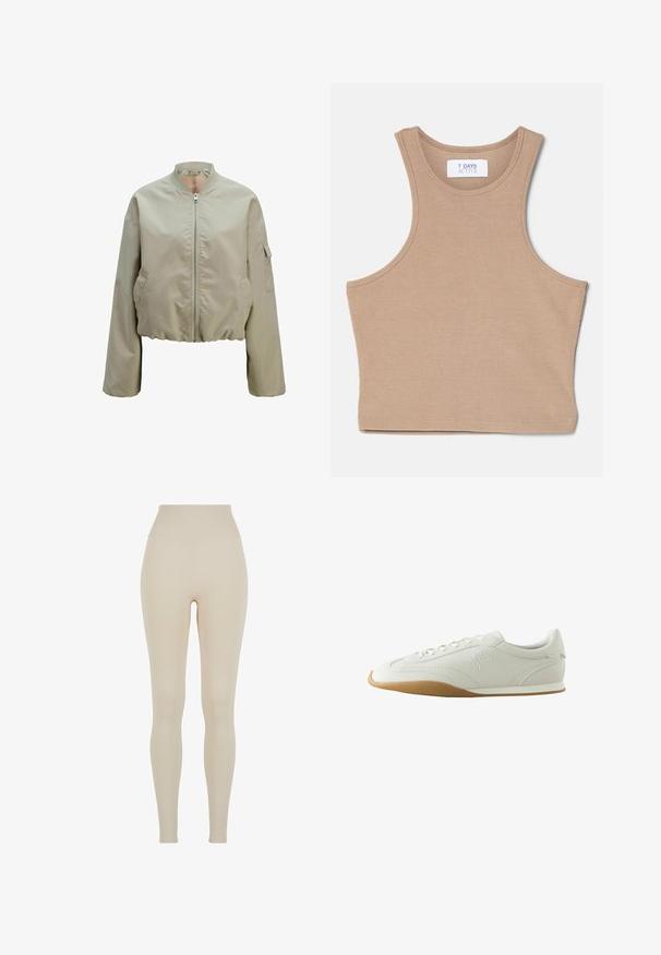Veste bomber courte en beige clair, avec fermeture éclair à l'avant, col montant et poches latérales, finition en tissu texturé. Ourlet élastiqué.; 7 DAYS Active CROPPED - Débardeur - mountain trail; Leggings beiges en tissu extensible avec une taille haute ; texture lisse, silhouette ajustée, sans motifs ni détails matériels visibles.; Baskets basses blanches avec semelle en caoutchouc marron, détails de couture, fermeture à lacets à l'avant et logo brodé sur le côté.