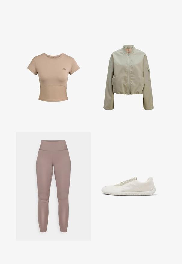 Kapuzenbomberjakke i lys beige med lynlås foran, ståkrave og sidelommer med en struktureret stoffer finish. Elastisk bund.; Beige sports cropped t-shirt med korte ærmer, ribbet nederste del og subtilt logo på brystet. Glat tekstur, tætsiddende design.; Højtaljede, tætsiddende leggings i en ensfarvet taupe farve, med glat, strækbart stof og et rent, sømløst design.; Lavprofileret hvid sneaker med strikket overdel, lysegråt øjestykke, hvide snørebånd og fleksibel gummisål, set fra skoens yderside.