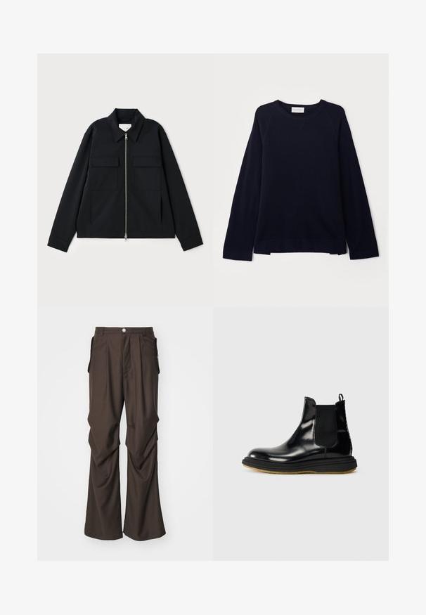Chaqueta negra con cuello, cierre frontal de cremallera y dos bolsillos en el pecho. Confeccionada en un tejido suave y con un corte estructurado.; OFFICINE GENERALE NATE CNECK - Jersey de punto - black; Pantalones marrones ajustados con un diseño de pierna ancha, que cuentan con bolsillos laterales y un cierre frontal con botón. Tejido suave con sutiles plisados.; Botín Chelsea de piel negra con un acabado brillante, paneles laterales elásticos, tira de arrastre y una suela de goma texturizada.