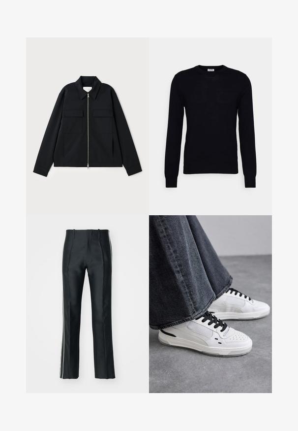 Schwarze Jacke mit einem kragenförmigen Ausschnitt, einem Front-Reißverschluss und zwei Brusttaschen. Hergestellt aus einem glatten Stoff mit einer strukturierten Passform.; Schwarzer Langarmpullover aus weichem Strickmaterial. Rundhalsausschnitt, gerippte Bündchen und Saum. Minimalistisches Design ohne sichtbare Muster oder Knöpfe.; Schwarze Satin-Hosen mit tailliertem Schnitt, ausgestattet mit weißen Seitenstreifen. Design mit weitem Bein und Vorderfalten für zusätzlichen Detail.; Weiße Sneakers mit schwarzen Schnürsenkeln und Netzdetails. Die Schuhe verfügen über ein glattes Lederobermaterial und eine strukturierte Gummisohle. Kombiniert mit weiten, grauen Jeans.