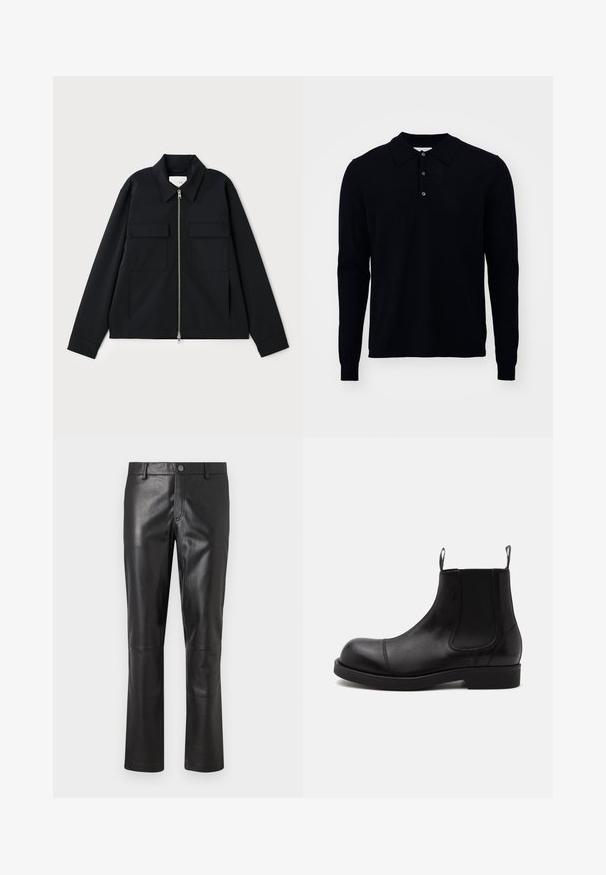 Schwarze Jacke mit einem kragenförmigen Ausschnitt, einem Front-Reißverschluss und zwei Brusttaschen. Hergestellt aus einem glatten Stoff mit einer strukturierten Passform.; Langarm-Poloshirt in Dunkelblau, gefertigt aus feinem Strickstoff. Es verfügt über einen Kragen, eine Drei-Knopf-Leiste und gerippte Bündchen.; Schwarze Lederhosen mit glatter Textur, geradem Schnitt und dezenten Nähten an den Säumen. Mit einem Knopfverschluss in der Taille.; Schwarzer Chelsea-Boot aus Leder mit abgerundeter Spitze, elastischen Seiteneinsätzen, Zugschlaufen vorn und hinten, flacher Sohle, seitlich auf weißem Hintergrund abgebildet.