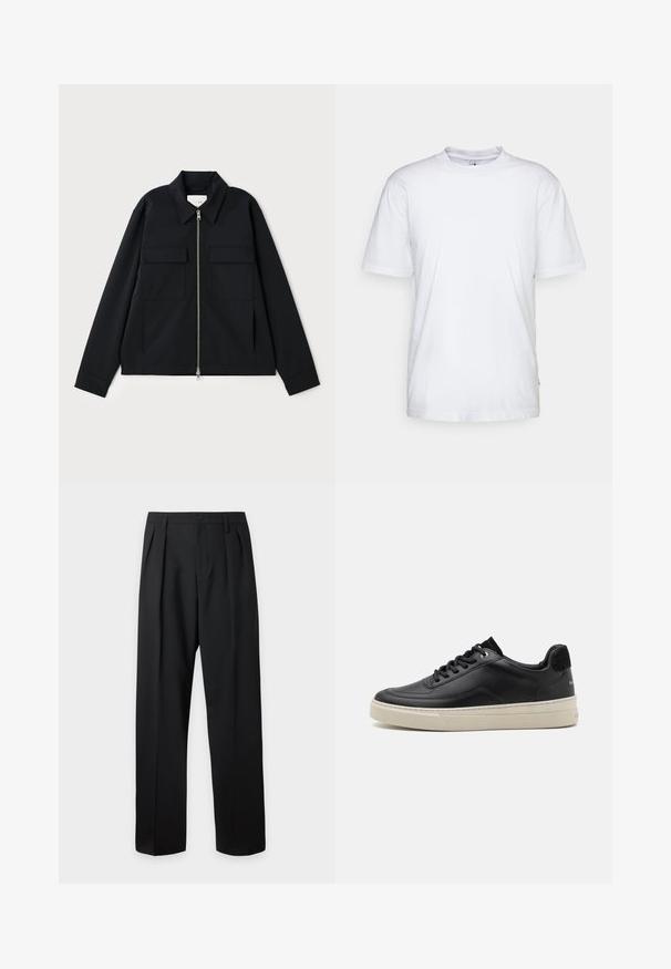 Schwarze Jacke mit einem kragenförmigen Ausschnitt, einem Front-Reißverschluss und zwei Brusttaschen. Hergestellt aus einem glatten Stoff mit einer strukturierten Passform.; Weißes Baumwoll-T-Shirt mit Rundhalsausschnitt, kurzen Ärmeln und geradem Saum. Auf der linken Seitennaht befindet sich ein kleines Markenzeichen.; Schwarze hoch taillierte maßgeschneiderte Hose mit Gürtelschlaufen, vorderen Falten, Knopfverschluss und geraden, weiten Beinen auf hellem Hintergrund.; Schwarzer Ledersneaker mit niedrigem Profil, ausgestattet mit einer cremefarbenen Gummisohle, runder Zehe und Schnürdesign, akzentuiert mit einer Ferse aus schwarzem Wildleder.