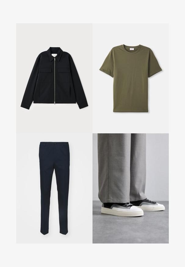 Sort jakke med krave, frontlynlås og to brystlommer. Lavet af et glat materiale med en struktureret pasform.; Simpel olivengrøn kortærmet T-shirt med rund hals liggende fladt på en hvid baggrund.; Marinebukser lavet af vævet stof, med lige pasform, knaplukning og frontfolder for et elegant udseende.; Filling Pieces RIVIERA - Sneakers - grey
