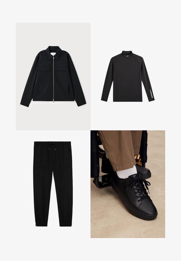 Schwarze Jacke mit einem kragenförmigen Ausschnitt, einem Front-Reißverschluss und zwei Brusttaschen. Hergestellt aus einem glatten Stoff mit einer strukturierten Passform.; Schwarzes Langarm-Sportoberteil mit Stehkragen, schlanker Passform und weißem "J.Lindeberg"-Logo am linken Ärmel und Kragen.; Schwarze Jogginghosen mit elastischem Bund, Kordelzug, vorderen aufgesetzten Taschen und elastischen Bündchen vor weißem Hintergrund.; Schwarzer Ledersneaker mit Schnürsenkeln und seitlichem Reißverschluss, getragen mit weißen Socken und brauner Hose, Fuß ruht auf der Fußstütze eines Rollstuhls.