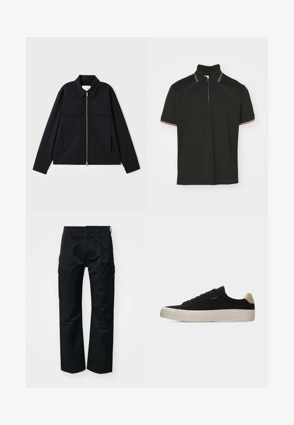 Veste noire avec col, fermeture éclair à l'avant et deux poches poitrine. Fabriquée en tissu lisse avec une coupe structurée.; Polo noir avec un col zippé et des rayures multicolores. Manches courtes et texture en coton lisse.; Pantalons cargo noirs avec une texture lisse, dotés de poches latérales, d'une fermeture à bouton et d'une coupe décontractée.; Baskets basses noires avec languette beige au talon, semelle en caoutchouc blanche épaisse, lacets noirs et petite étiquette "PS Paul Smith" sur le côté.