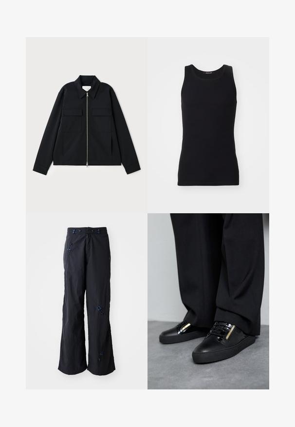 Veste noire avec col, fermeture éclair à l'avant et deux poches poitrine. Fabriquée en tissu lisse avec une coupe structurée.; Débardeur noir en matériau lisse et extensible. Doté d'un col rond et sans manches, avec une coupe ajustée et un design simple.; Pantalons noirs, légers et à jambes larges avec une finition texturée. Présente des accents bleus et des cordons pour un ajustement. Fermeture éclair.; Baskets en cuir noir avec des accents brillants, des lacets texturés et un détail de fermeture éclair ; associées à un pantalon sombre et ample sur un sol gris.
