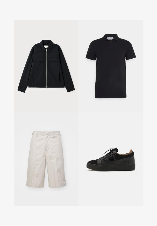 Schwarze Jacke mit einem kragenförmigen Ausschnitt, einem Front-Reißverschluss und zwei Brusttaschen. Hergestellt aus einem glatten Stoff mit einer strukturierten Passform.; Schwarzes kurzärmliges Polohemd mit klassischem Kragen, aus glattem Material. Verfügt über ein Etikett mit dem Markennamen 'Filippa K' am Kragen.; Beige Baumwollshorts mit geradem Schnitt, knielang, ausgestattet mit zwei vorderen Taschen und subtilen Falten für zusätzliche Textur.; Giuseppe Zanotti DOUBLE ZIP - Sneaker low - black