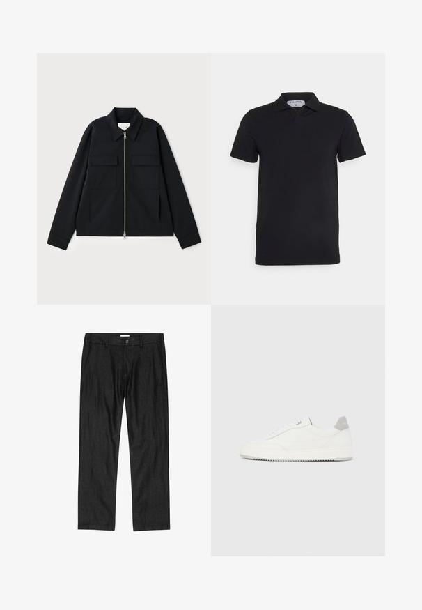 Chaqueta negra con cuello, cierre frontal de cremallera y dos bolsillos en el pecho. Confeccionada en un tejido suave y con un corte estructurado.; Camisa polo negra de manga corta con un cuello clásico, fabricada en un tejido suave. Presenta una etiqueta con el nombre de la marca 'Filippa K' en el escote.; Pantalones negros de corte recto para hombre con botón frontal, bragueta con cremallera y bolsillos laterales, mostrados planos sobre fondo blanco.; Zapatilla blanca de corte bajo con pestaña en el talón gris, cordones blancos y suela texturizada, presentada sobre un fondo claro y liso.