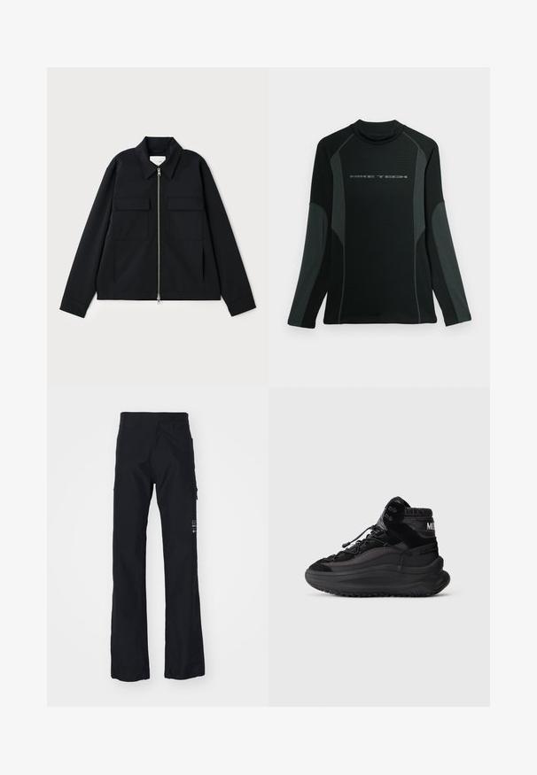 Veste noire avec col, fermeture éclair à l'avant et deux poches poitrine. Fabriquée en tissu lisse avec une coupe structurée.; Chemise noire à manches longues avec col haut, fabriquée en tissu texturé. Présente des panneaux latéraux gris et le logo "NIKE TECH" sur la poitrine.; Pantalons noirs en tissu doux et résistant. Comprend des jambes droites, des poches latérales et un logo sur la jambe inférieure droite.; Basket en toile noire à tige haute avec semelle épaisse, empeigne à lacets, col de cheville rembourré et panneaux latéraux texturés sur un fond clair.