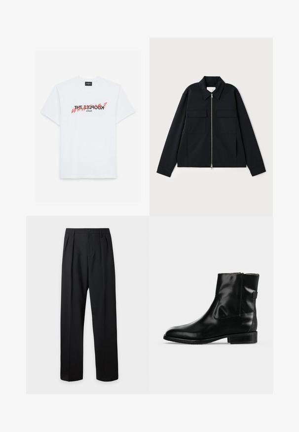 Sort jakke med krave, frontlynlås og to brystlommer. Lavet af et glat materiale med en struktureret pasform.; Hvid bomulds t-shirt med korte ærmer, som har et sort og koralfarvet grafisk print. Teksten lyder: "THE KOOPLES? HVA?" og "PARIS."; Sorte skræddersyede bukser med høj talje, bæltestropper, frontfolder, knaplukning og lige vide ben på en lys baggrund.; Sort læder ankelstøvle med lav hæl og sidelås, vist mod en ensartet lys grå baggrund.